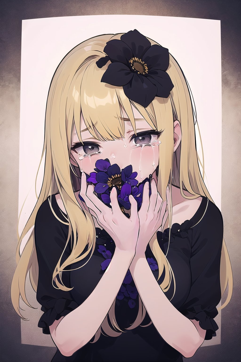 Hanahaki disease, tears, crying, sad, looking_at_viewer,  1girl, long blonde hair, gray eyes, dress, black flowers,