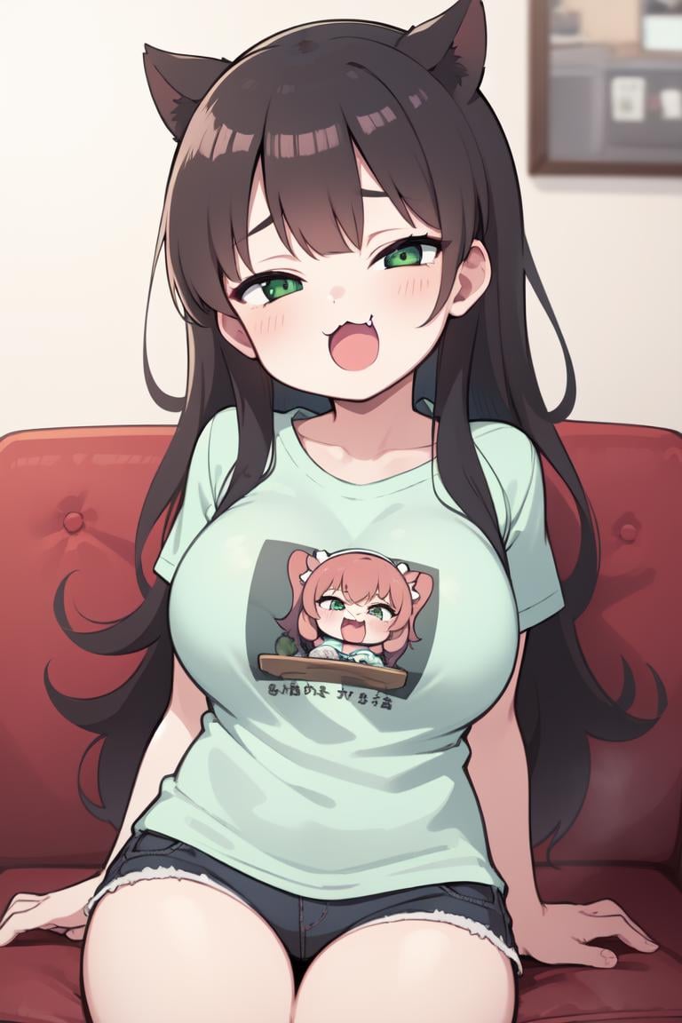 1girl, <lora:Msgk_face:1>, :3, mouth open, indoors, half-closed eyes, fang, large breasts, t-shirt, looking at viewer, green eyes, sitting, couch, long hair, 