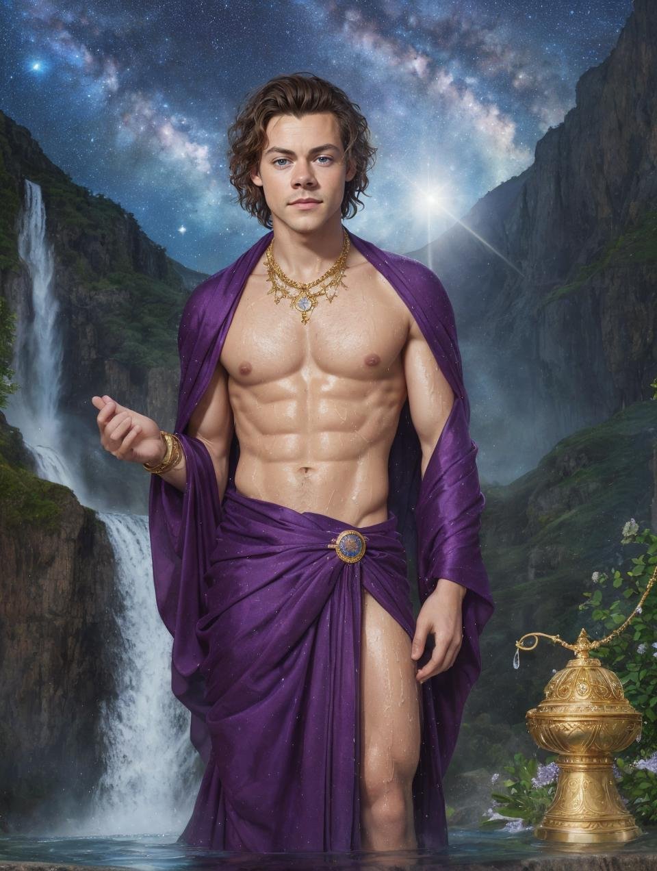 (GS-Masculine:1) (one male), Very detailed youthful face, heroic, detailed realistic open eyes, high quality, vibrant colors, photorealistic, masterpiece, Diffuse lighting, soft light, glistening skin, calm expression, suggestive, aquarius, harry styles, large bulge, wearing elegant robes, submerged, standing by a large basin of water, starry lit sky, galaxies swirling, a waterfall in the background, looking at viewer, constellations, golden jewelry, bangles, greek mythology, greek mythos, amethyst, water splashing , circlet, wet skin