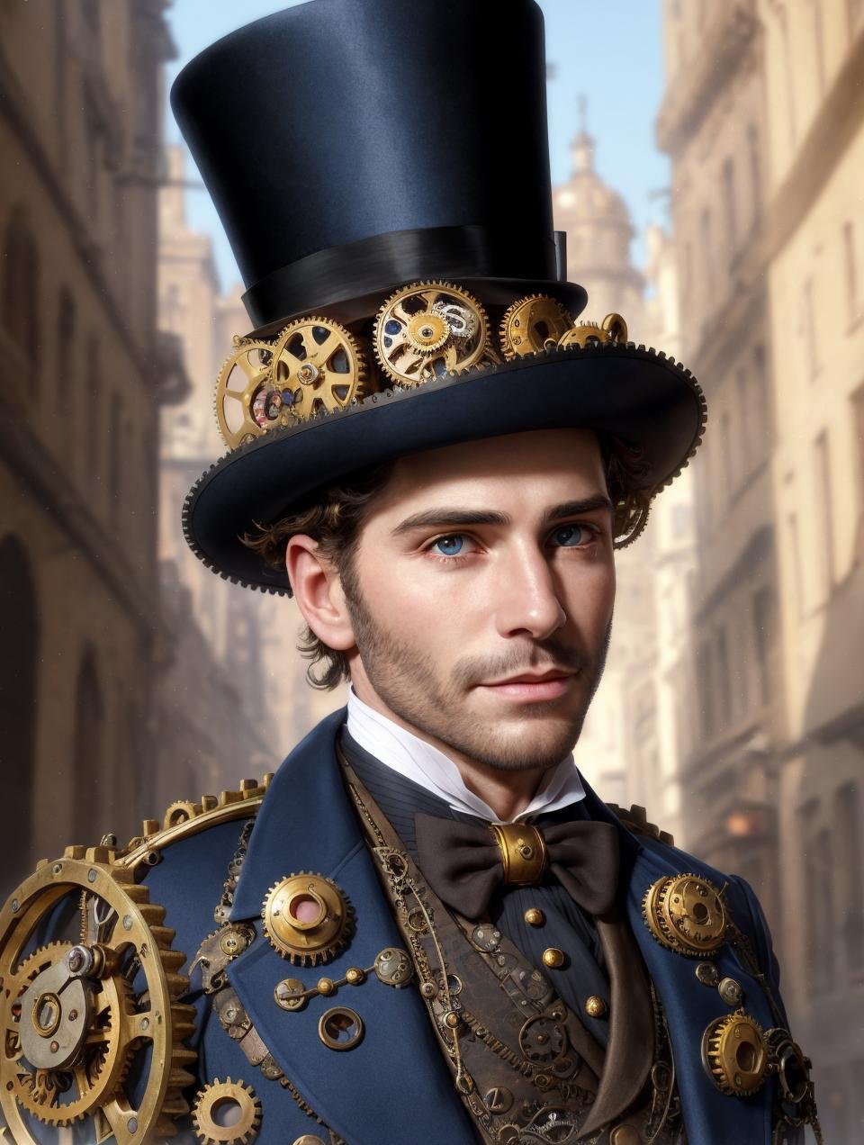 (GS-Masculine:1) (one male), Very detailed youthful face, heroic, detailed realistic open eyes, high quality, vibrant colors, photorealistic, masterpiece, Diffuse lighting, soft light, glistening skin, calm expression, suggestive, steampunk style, an urban steampunk city, buildings made of brass cogs and gears, tailcoat tuxedo and a top hat