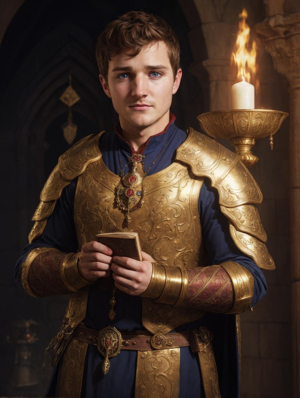 (GS-Masculine:1) (one male), Very detailed youthful face, heroic, detailed realistic open eyes, high quality, vibrant colors, photorealistic, masterpiece, Diffuse lighting, soft light, glistening skin, stern expression, suggestive, josh hutcherson, dungeon and dragon, an evil sorcerer, mediaeval fantasy vestments gambeson, noble aristocrat magister, an amulet of dark energy, horror /(theme/), golden brown eyes, demonic book in hand, armor gloves