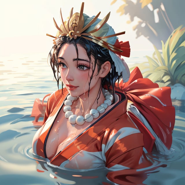 ((masterpiece, high quality, best quality, white kimono, headpiece,,  highres, ultra-detailed, 8k:1.4)), himiko3, 1girl, solo, , smile, large breasts, long sleeves, cleavage, hair between eyes, bare shoulders, jewelry, closed mouth, japanese clothes, wide sleeves, kimono, necklace, off shoulder, looking to the side, sash, beads, white kimono, headpiece, magatama, bead necklace, magatama necklace, comic, perspective, soakingwetclothes, ((wet clothes, wet hair, )) 
,himiko