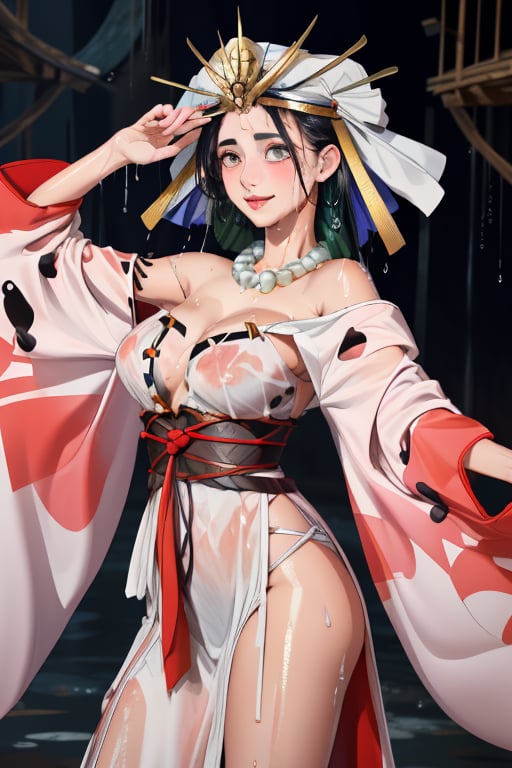 ((masterpiece, high quality, best quality, highres, ultra-detailed, 8k:1.4)), himiko3, 1girl, solo, , smile, large breasts, long sleeves, cleavage, hair between eyes, bare shoulders, jewelry, closed mouth, japanese clothes, wide sleeves, kimono, necklace, off shoulder, looking to the side, sash, beads, white kimono, headpiece, magatama, bead necklace, magatama necklace, comic, perspective, soakingwetclothes, ((wet clothes, wet hair)) 
