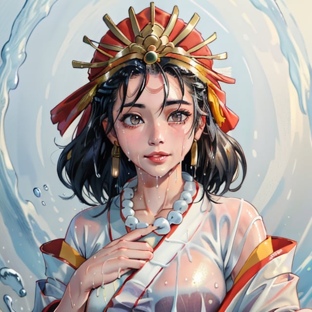 ((masterpiece, high quality, best quality, white kimono, headpiece,,  highres, ultra-detailed, 8k:1.4)), himiko3, 1girl, solo, , smile, large breasts, long sleeves, cleavage, hair between eyes, bare shoulders, jewelry, closed mouth, japanese clothes, wide sleeves, kimono, necklace, off shoulder, looking to the side, sash, beads, white kimono, headpiece, magatama, bead necklace, magatama necklace, comic, perspective, soakingwetclothes, ((wet clothes, wet hair, )) 
,himiko