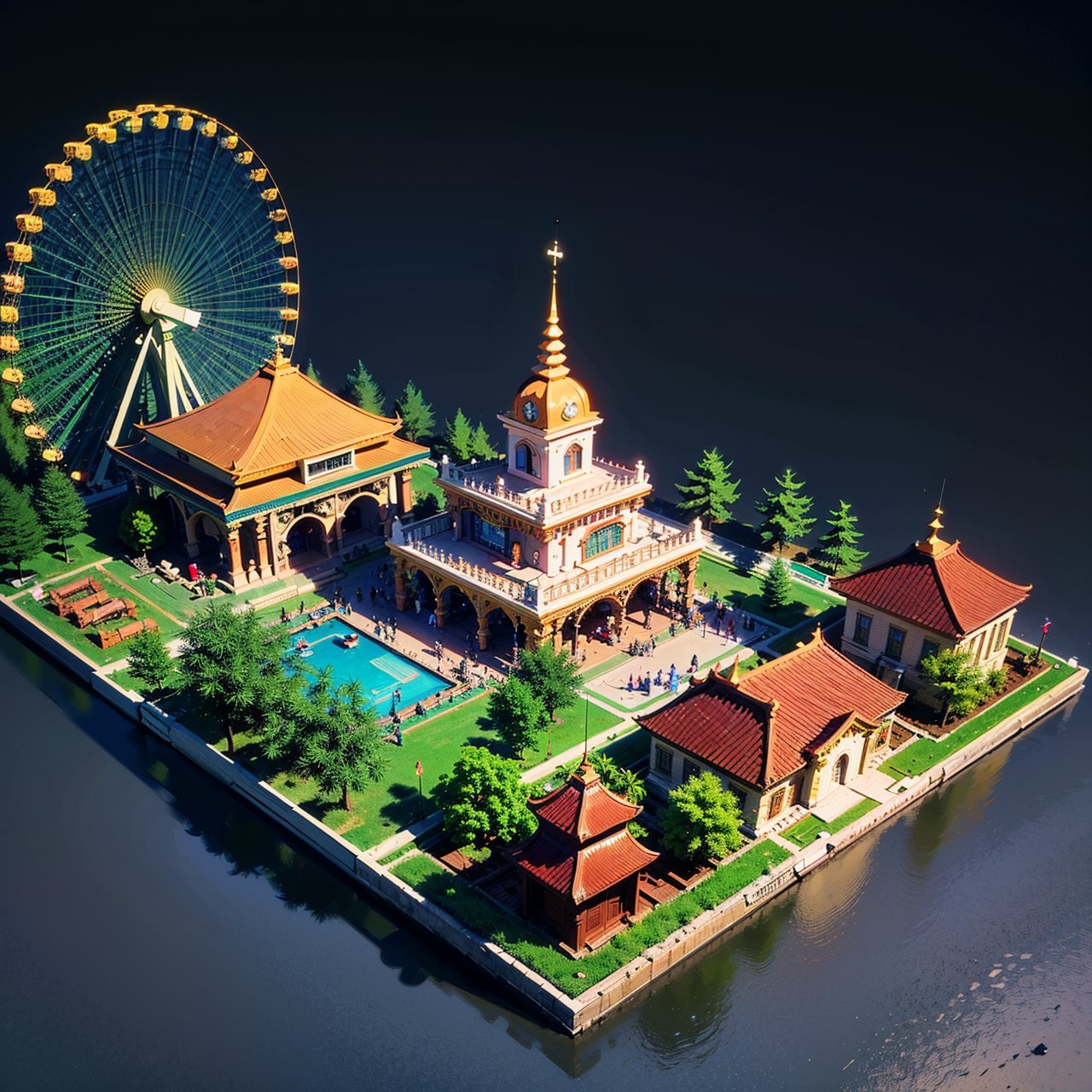 best quality,(masterpiece:1.1),amusement park,isometric view,high resolution,,detailed details,simple background,