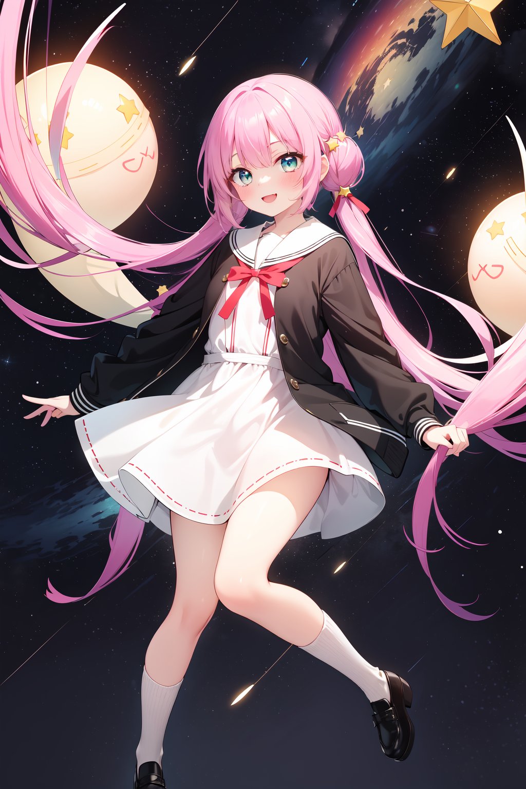 (masterpiece,  best quality),  ultra detailed,  1girl,  solo, Yu Akeuchi,  dynamic view,  smile,  finger on cheek,  very long hair,  low twintails,  school uniform,  white dress,  black jacket,  (((star_(symbol),  stars_(sky),  starry_background))),  pink hair,  red ribbon,  (full body,  aqua eyes,  galaxy,  floating, <lora:EMS-78161-EMS:0.600000>, , <lora:EMS-68274-EMS:1.500000>, , <lora:EMS-28547-EMS:0.200000>