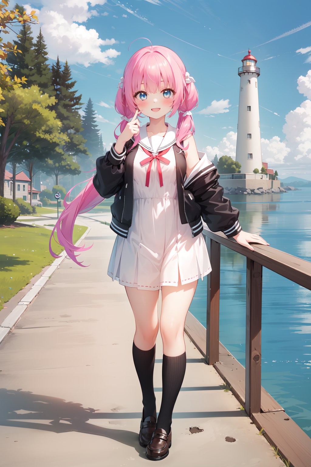 (masterpiece,  best quality),  ultra detailed,  1girl,  solo, Yu Akeuchi,  dynamic view,  smile,  finger on cheek,  very long hair,  low twintails,  school uniform,  white dress,  black jacket,  (crop jacket:1.3),  outdoors,  lighthouse,  pink hair,  red ribbon,  full body,  blue eyes,  surrounded by greens, <lora:EMS-78161-EMS:0.600000>, , <lora:EMS-68274-EMS:1.500000>, , <lora:EMS-28547-EMS:0.200000>