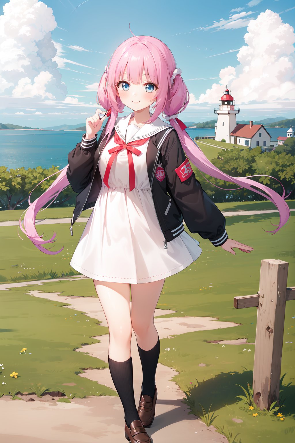 (masterpiece,  best quality),  ultra detailed,  1girl,  solo, Yu Akeuchi,  dynamic view,  smile,  :3,  very long hair,  low twintails,  school uniform,  white dress,  black jacket,  (crop jacket:1.3),  outdoors,  lighthouse,  pink hair,  red ribbon,  full body,  blue eyes,  surrounded by greens, <lora:EMS-78161-EMS:0.600000>, , <lora:EMS-68274-EMS:1.500000>, , <lora:EMS-28547-EMS:0.200000>