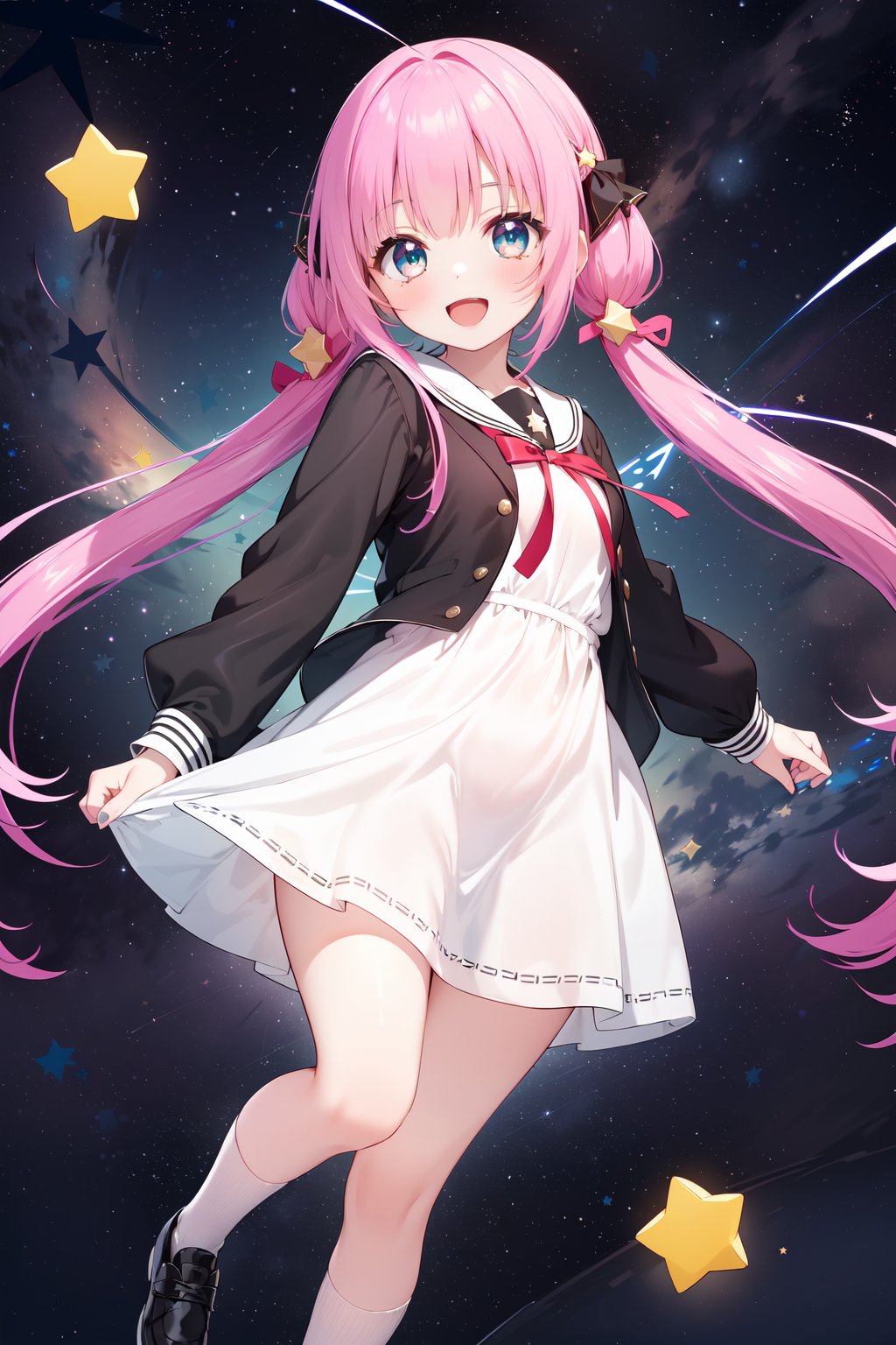 (masterpiece,  best quality),  ultra detailed,  1girl,  solo, Yu Akeuchi,  dynamic view,  smile,  :d,  very long hair,  low twintails,  school uniform,  white dress,  black jacket,  (((star_(symbol),  stars_(sky),  starry_background))),  pink hair,  red ribbon,  full body,  aqua eyes,  galaxy, <lora:EMS-78161-EMS:0.600000>, , <lora:EMS-68274-EMS:1.500000>, , <lora:EMS-28547-EMS:0.200000>