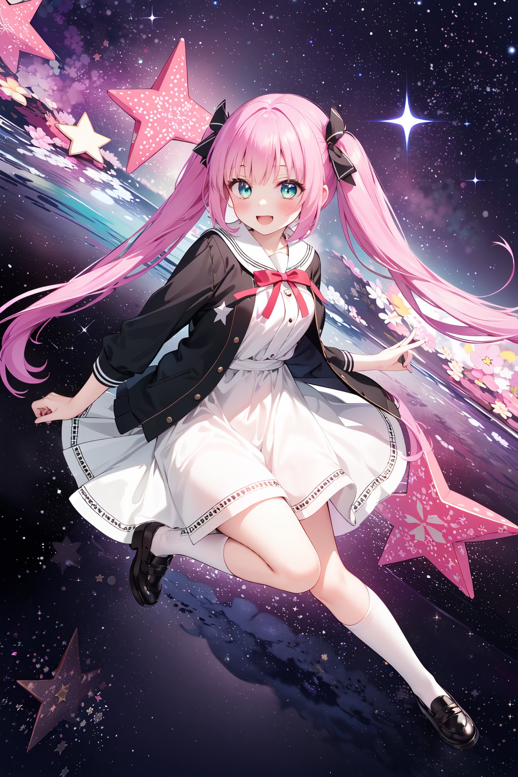 (masterpiece,  best quality),  ultra detailed,  1girl,  solo, Yu Akeuchi,  dynamic view,  smile,  finger on cheek,  very long hair,  low twintails,  school uniform,  white dress,  black jacket,  (((star_(symbol),  stars_(sky),  starry_background))),  pink hair,  red ribbon,  (full body,  aqua eyes,  galaxy,  floating, <lora:EMS-78161-EMS:0.600000>, , <lora:EMS-68274-EMS:1.500000>, , <lora:EMS-28547-EMS:0.200000>