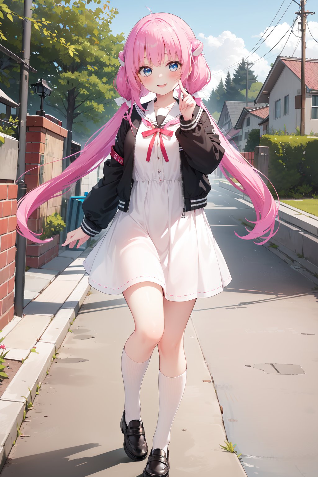 (masterpiece,  best quality),  ultra detailed,  1girl,  solo, Yu Akeuchi,  dynamic view,  smile,  finger on cheek,  very long hair,  low twintails,  school uniform,  white dress,  black jacket,  (crop jacket:1.3),  outdoors,  light house,  pink hair,  red ribbon,  full body,  blue eyes, <lora:EMS-78161-EMS:0.600000>, , <lora:EMS-68274-EMS:1.500000>, , <lora:EMS-28547-EMS:0.200000>