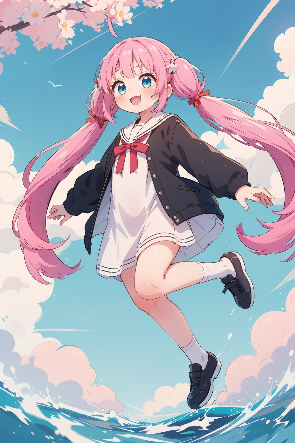 (masterpiece,  best quality),  ultra detailed,  1girl,  solo, Yu Akeuchi,  dynamic view,  smile,  :3,  very long hair,  low twintails,  school uniform,  white dress,  black jacket,  outdoors,  sky,  pink hair,  red ribbon,  full body,  blue eyes,  floating,  floating in the sky, <lora:EMS-78161-EMS:0.600000>, , <lora:EMS-68274-EMS:1.500000>, , <lora:EMS-28547-EMS:0.200000>