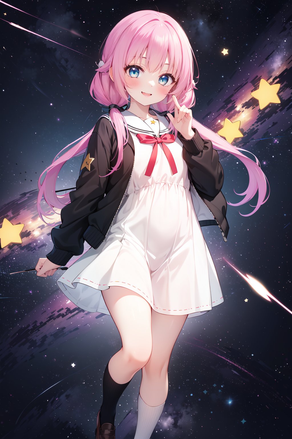 (masterpiece,  best quality),  ultra detailed,  1girl,  solo, Yu Akeuchi,  dynamic view,  smile,  finger on cheek,  very long hair,  low twintails,  school uniform,  white dress,  black jacket,  (crop jacket:1.3),  (((star_(symbol),  stars_(sky),  starry_background))),  pink hair,  red ribbon,  (full body,  blue eyes,  galaxy, <lora:EMS-78161-EMS:0.600000>, , <lora:EMS-68274-EMS:1.500000>, , <lora:EMS-28547-EMS:0.200000>