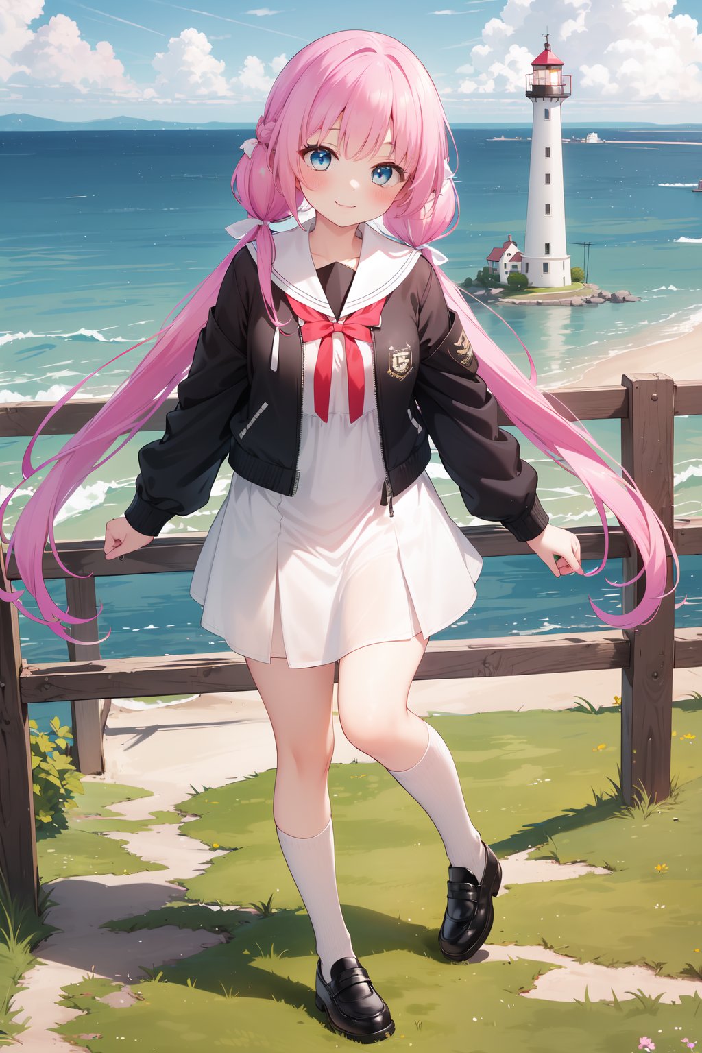 (masterpiece,  best quality),  ultra detailed,  1girl,  solo, Yu Akeuchi,  dynamic view,  smile,  :3,  very long hair,  low twintails,  school uniform,  white dress,  black jacket,  (crop jacket:1.3),  outdoors,  lighthouse,  pink hair,  red ribbon,  full body,  blue eyes,  surrounded by greens, <lora:EMS-78161-EMS:0.600000>, , <lora:EMS-68274-EMS:1.500000>, , <lora:EMS-28547-EMS:0.200000>