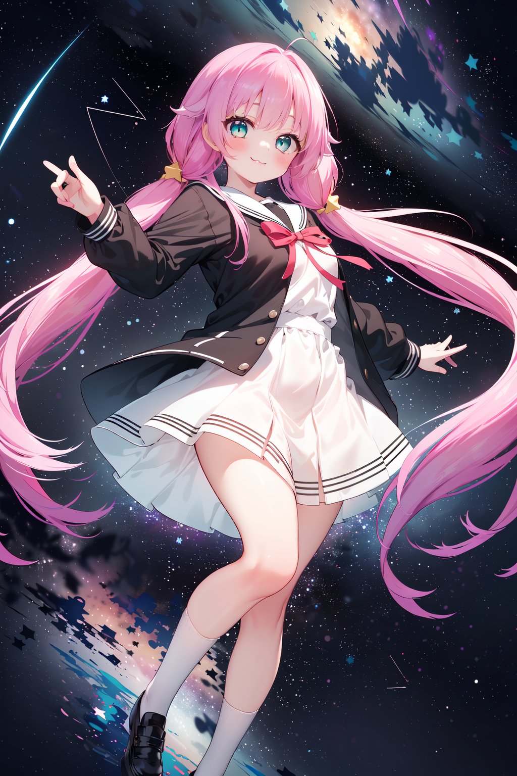 (masterpiece,  best quality),  ultra detailed,  1girl,  solo, Yu Akeuchi,  dynamic view,  smile,  :3,  very long hair,  low twintails,  school uniform,  white dress,  black jacket,  (((star_(symbol),  stars_(sky),  starry_background))),  pink hair,  red ribbon,  (full body,  aqua eyes,  galaxy,  floating, <lora:EMS-28547-EMS:0.200000>, , <lora:EMS-78161-EMS:0.600000>, , <lora:EMS-68274-EMS:1.500000>