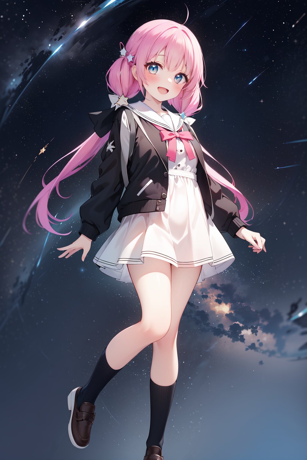 (masterpiece,  best quality),  ultra detailed,  1girl,  solo, Yu Akeuchi,  dynamic view,  smile,  :d,  very long hair,  low twintails,  school uniform,  white dress,  black croped jacket,  pink sweater,  (((star_(symbol),  stars_(sky),  starry_background))),  pink hair,  red ribbon,  full body,  blue eyes, <lora:EMS-78161-EMS:0.600000>, , <lora:EMS-68274-EMS:1.500000>, , <lora:EMS-28547-EMS:0.200000>