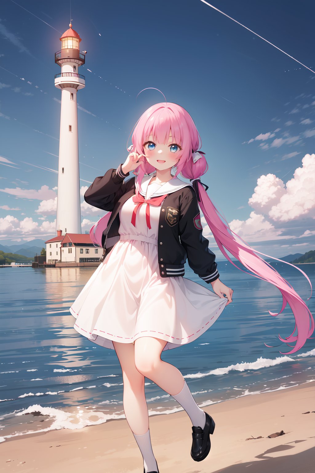 (masterpiece,  best quality),  ultra detailed,  1girl,  solo, Yu Akeuchi,  dynamic view,  smile,  finger on cheek,  very long hair,  low twintails,  school uniform,  white dress,  black jacket,  (crop jacket:1.3),  outdoors,  lighthouse,  pink hair,  red ribbon,  full body,  blue eyes, <lora:EMS-78161-EMS:0.600000>, , <lora:EMS-68274-EMS:1.500000>, , <lora:EMS-28547-EMS:0.200000>