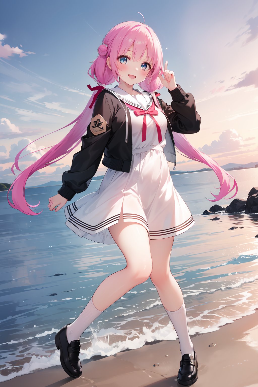 (masterpiece,  best quality),  ultra detailed,  1girl,  solo, Yu Akeuchi,  dynamic view,  smile,  finger on cheek,  very long hair,  low twintails,  school uniform,  white dress,  black jacket,  (crop jacket:1.3),  outdoors,  lighthouse,  pink hair,  red ribbon,  full body,  blue eyes, <lora:EMS-78161-EMS:0.600000>, , <lora:EMS-68274-EMS:1.500000>, , <lora:EMS-28547-EMS:0.200000>