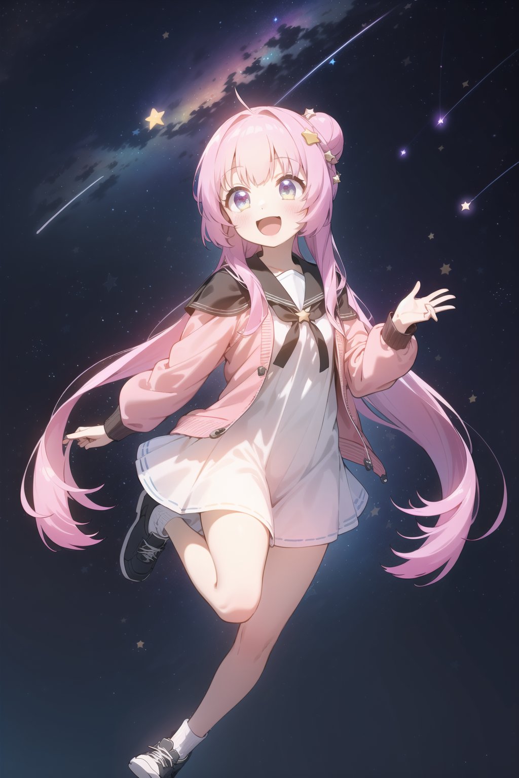 (masterpiece,  best quality),  ultra detailed,  1girl,  solo, Yu Akeuchi,  dynamic view,  smile,  :d,  very long hair,  hair bun,  double hair bun,  twintails,  full body,  school uniform,  white dress,  black crop jacket,  pink hoodie,  off-shoulder hoodie,  1GIRL,  (((star_(symbol),  stars_(sky),  starry_background))), 1GIRL,  pink hair, <lora:EMS-78161-EMS:0.800000>, , <lora:EMS-68274-EMS:1.000000>, , <lora:EMS-28547-EMS:0.400000>