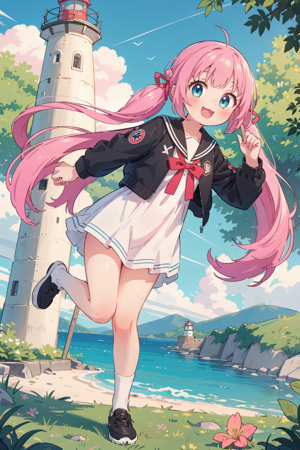 (masterpiece,  best quality),  ultra detailed,  1girl,  solo, Yu Akeuchi,  dynamic view,  smile,  :3,  very long hair,  low twintails,  school uniform,  white dress,  black jacket,  (crop jacket:1.3),  outdoors,  lighthouse,  pink hair,  red ribbon,  full body,  blue eyes,  surrounded by greens, <lora:EMS-68274-EMS:1.500000>, , <lora:EMS-28547-EMS:0.200000>, , <lora:EMS-78161-EMS:0.600000>