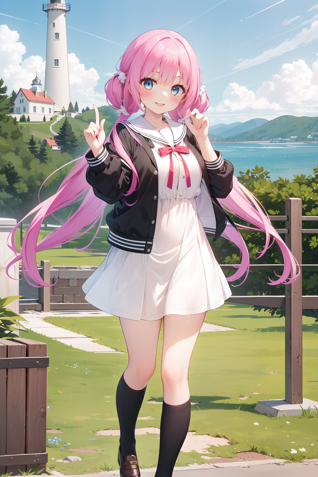 (masterpiece,  best quality),  ultra detailed,  1girl,  solo, Yu Akeuchi,  dynamic view,  smile,  finger on cheek,  very long hair,  low twintails,  school uniform,  white dress,  black jacket,  (crop jacket:1.3),  outdoors,  lighthouse,  pink hair,  red ribbon,  full body,  blue eyes,  surrounded by greens, <lora:EMS-78161-EMS:0.600000>, , <lora:EMS-68274-EMS:1.500000>, , <lora:EMS-28547-EMS:0.200000>