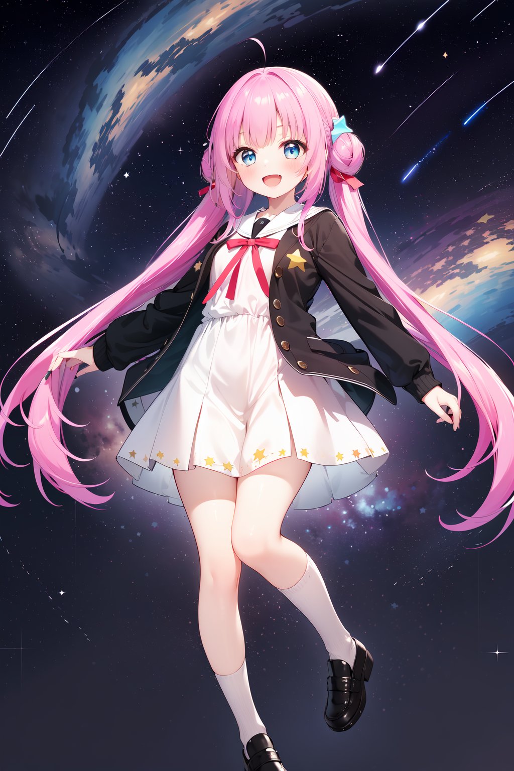 (masterpiece,  best quality),  ultra detailed,  1girl,  solo, Yu Akeuchi,  dynamic view,  smile,  :d,  very long hair,  low twintails,  school uniform,  white dress,  black croped jacket,  (((star_(symbol),  stars_(sky),  starry_background))),  pink hair,  red ribbon,  full body,  blue eyes, <lora:EMS-78161-EMS:0.600000>, , <lora:EMS-68274-EMS:1.500000>, , <lora:EMS-28547-EMS:0.200000>