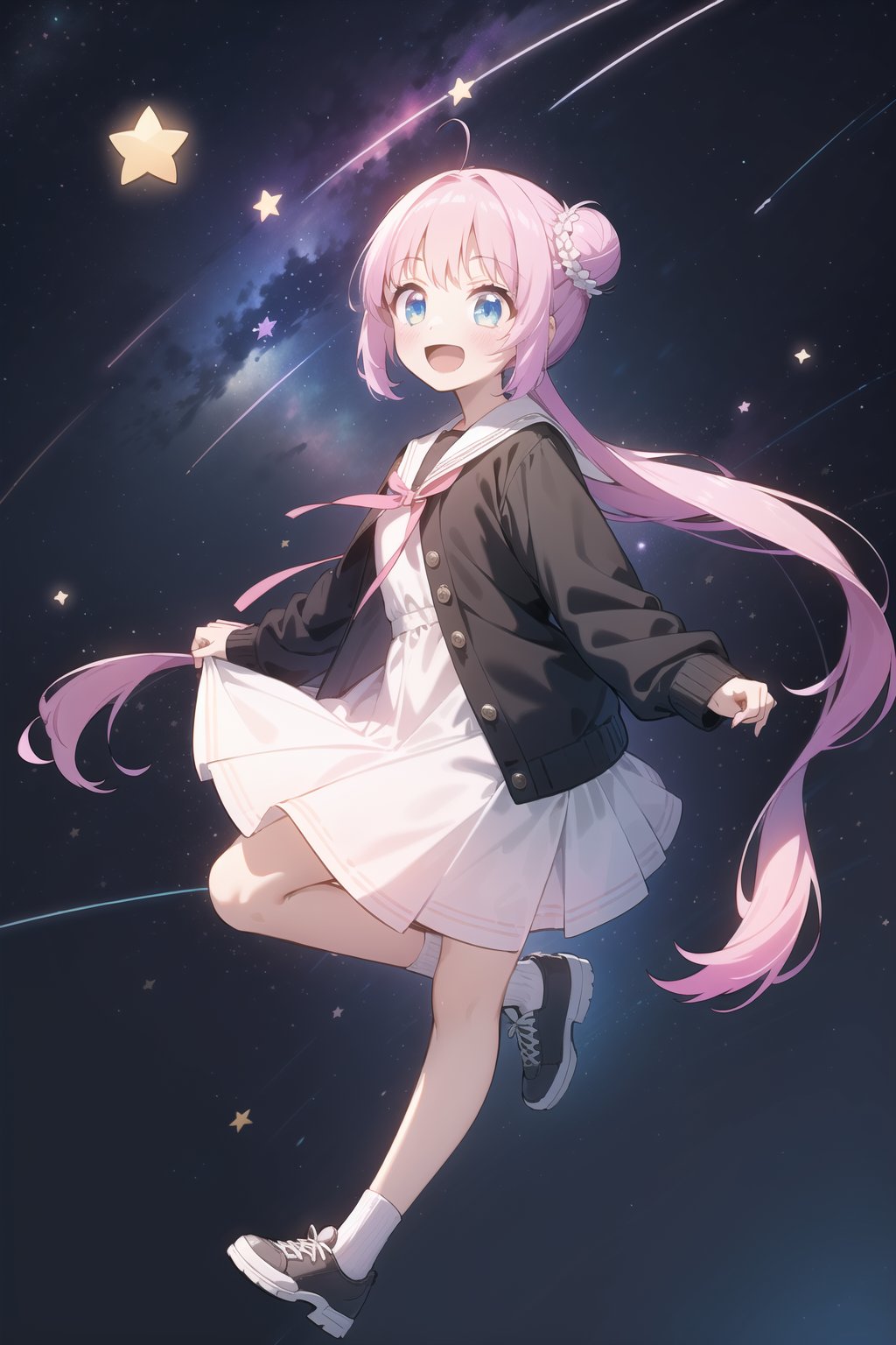 (masterpiece,  best quality),  ultra detailed,  1girl,  solo, Yu Akeuchi,  dynamic view,  smile,  :d,  very long hair,  hair bun,  double hair bun,  twintails,  full body,  school uniform,  white dress,  black jacket,  pink hoodie,  1GIRL,  (((star_(symbol),  stars_(sky),  starry_background))), 1GIRL,  pink hair, <lora:EMS-78161-EMS:0.800000>, , <lora:EMS-68274-EMS:0.800000>, , <lora:EMS-28547-EMS:0.400000>