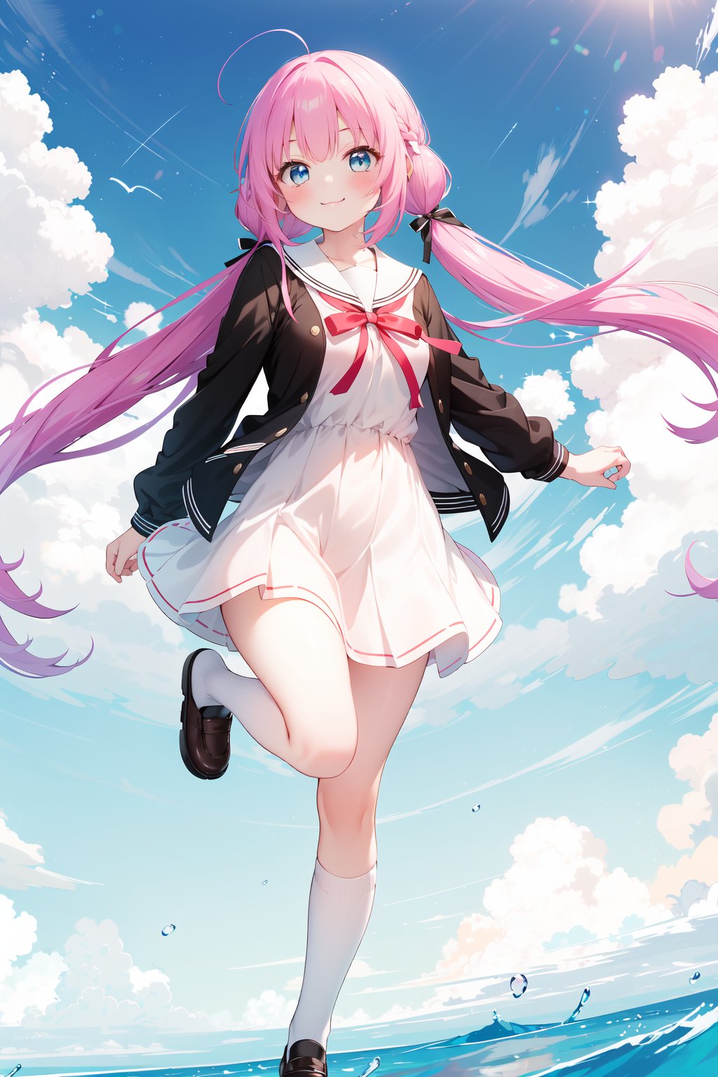 (masterpiece,  best quality),  ultra detailed,  1girl,  solo, Yu Akeuchi,  dynamic view,  smile,  :3,  very long hair,  low twintails,  school uniform,  white dress,  black jacket,  outdoors,  sky,  pink hair,  red ribbon,  full body,  blue eyes,  floating,  floating in the sky, <lora:EMS-28547-EMS:0.200000>, , <lora:EMS-78161-EMS:0.600000>, , <lora:EMS-68274-EMS:1.500000>