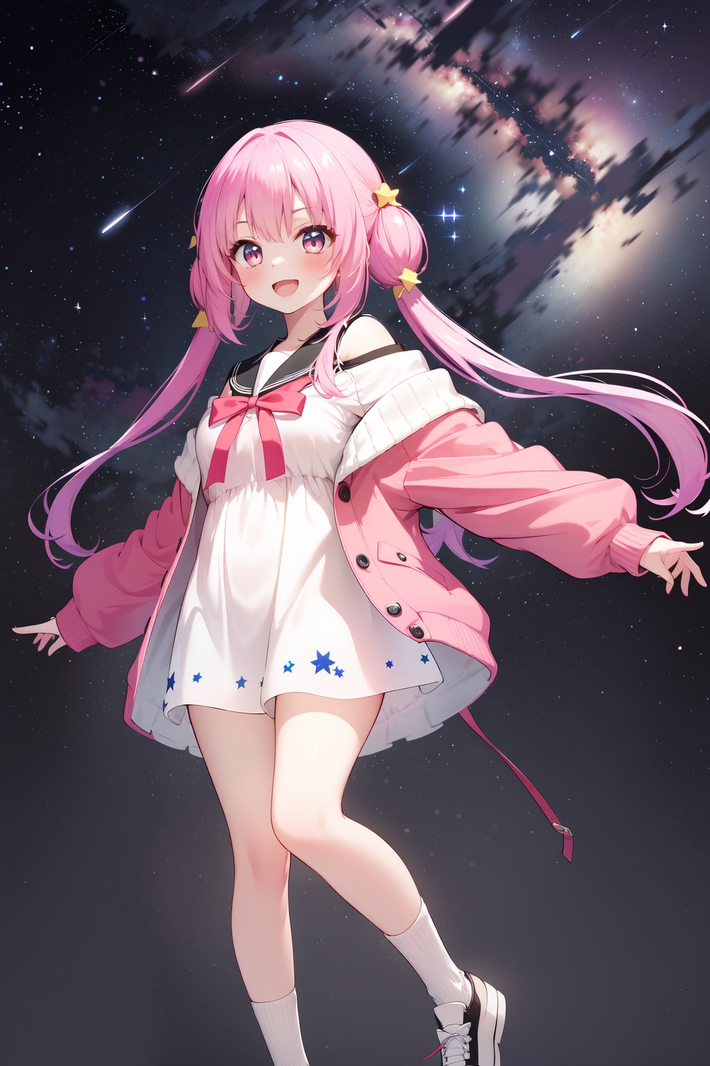 (masterpiece,  best quality),  ultra detailed,  1girl,  solo, Yu Akeuchi,  dynamic view,  smile,  :d,  very long hair,  low twintails,  school uniform,  white dress,  black crop jacket,  pink sweater,  (off-shoulder sweater:1.2),  1GIRL,  (((star_(symbol),  stars_(sky),  starry_background))), 1GIRL,  pink hair,  red ribbon,  full body, <lora:EMS-78161-EMS:0.600000>, , <lora:EMS-68274-EMS:1.500000>, , <lora:EMS-28547-EMS:0.200000>