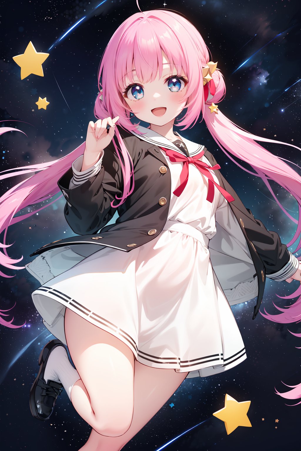 (masterpiece,  best quality),  ultra detailed,  1girl,  solo, Yu Akeuchi,  dynamic view,  smile,  :d,  very long hair,  low twintails,  school uniform,  white dress,  black jacket,  croped jacket,  (((star_(symbol),  stars_(sky),  starry_background))),  pink hair,  red ribbon,  full body,  blue eyes, <lora:EMS-78161-EMS:0.600000>, , <lora:EMS-68274-EMS:1.500000>, , <lora:EMS-28547-EMS:0.200000>