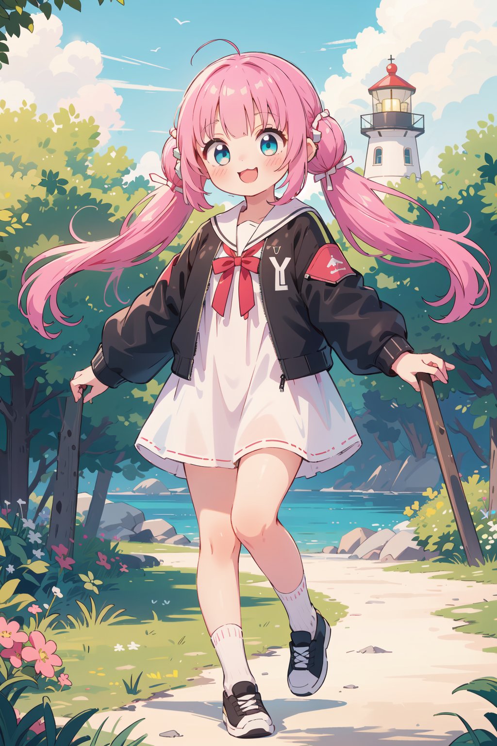 (masterpiece,  best quality),  ultra detailed,  1girl,  solo, Yu Akeuchi,  dynamic view,  smile,  :3,  very long hair,  low twintails,  school uniform,  white dress,  black jacket,  (crop jacket:1.3),  outdoors,  lighthouse,  pink hair,  red ribbon,  full body,  blue eyes,  surrounded by greens, <lora:EMS-78161-EMS:0.600000>, , <lora:EMS-68274-EMS:1.500000>, , <lora:EMS-28547-EMS:0.200000>