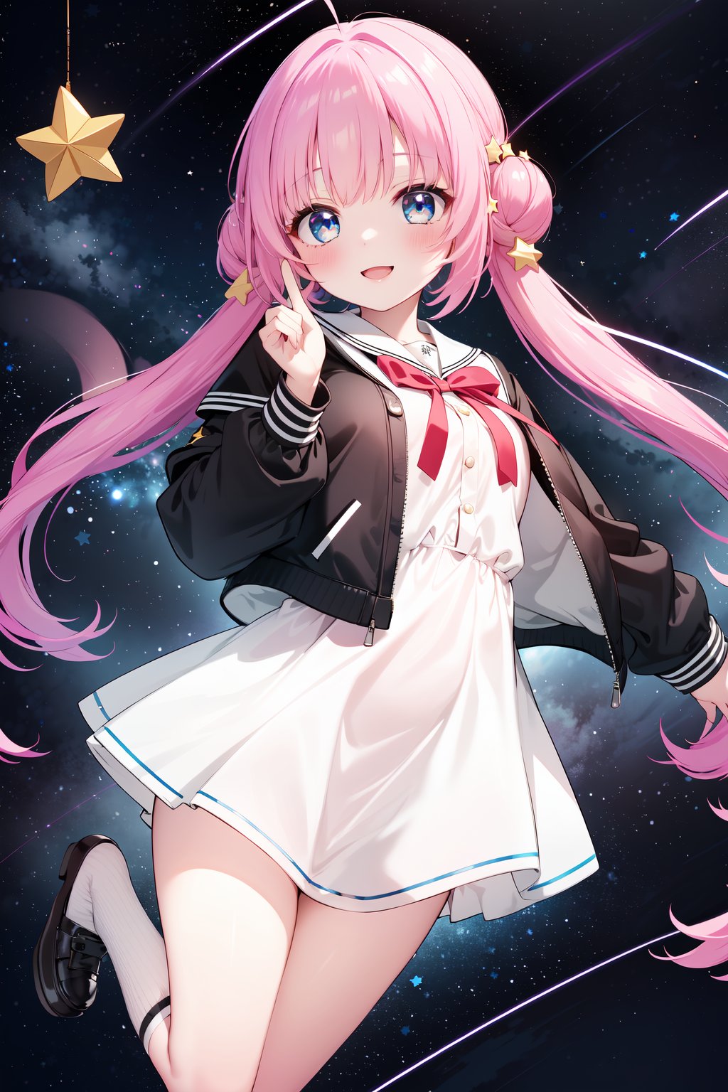 (masterpiece,  best quality),  ultra detailed,  1girl,  solo, Yu Akeuchi,  dynamic view,  smile,  finger on cheek,  very long hair,  low twintails,  school uniform,  white dress,  black jacket,  (crop jacket:1.3),  (((star_(symbol),  stars_(sky),  starry_background))),  pink hair,  red ribbon,  (full body),  blue eyes,  galaxy, <lora:EMS-28547-EMS:0.200000>, , <lora:EMS-78161-EMS:0.600000>, , <lora:EMS-68274-EMS:1.500000>