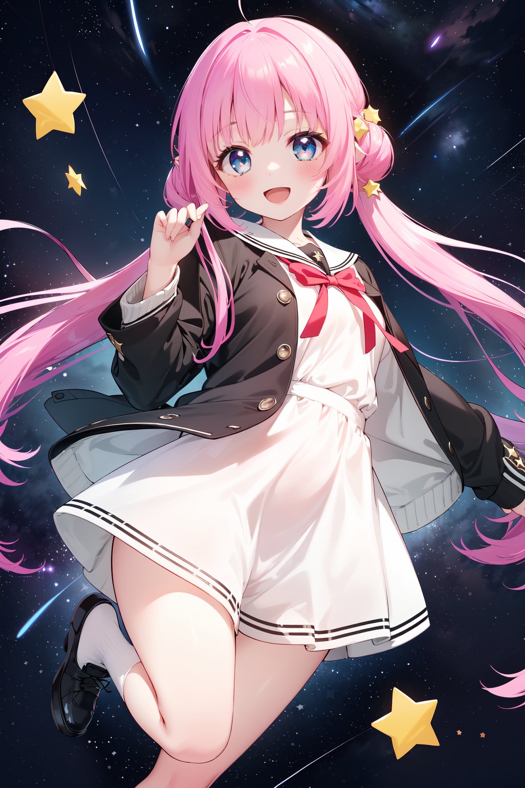 (masterpiece,  best quality),  ultra detailed,  1girl,  solo, Yu Akeuchi,  dynamic view,  smile,  :d,  very long hair,  low twintails,  school uniform,  white dress,  black jacket,  croped jacket,  (((star_(symbol),  stars_(sky),  starry_background))),  pink hair,  red ribbon,  full body,  blue eyes, <lora:EMS-28547-EMS:0.200000>, , <lora:EMS-78161-EMS:0.600000>, , <lora:EMS-68274-EMS:1.500000>