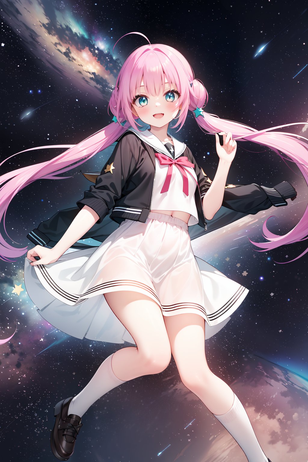 (masterpiece,  best quality),  ultra detailed,  1girl,  solo, Yu Akeuchi,  dynamic view,  smile,  finger on cheek,  very long hair,  low twintails,  school uniform,  white dress,  black jacket,  (crop jacket:1.3),  (((star_(symbol),  stars_(sky),  starry_background))),  pink hair,  red ribbon,  (full body,  aqua eyes,  galaxy,  floating, <lora:EMS-78161-EMS:0.600000>, , <lora:EMS-68274-EMS:1.500000>, , <lora:EMS-28547-EMS:0.200000>