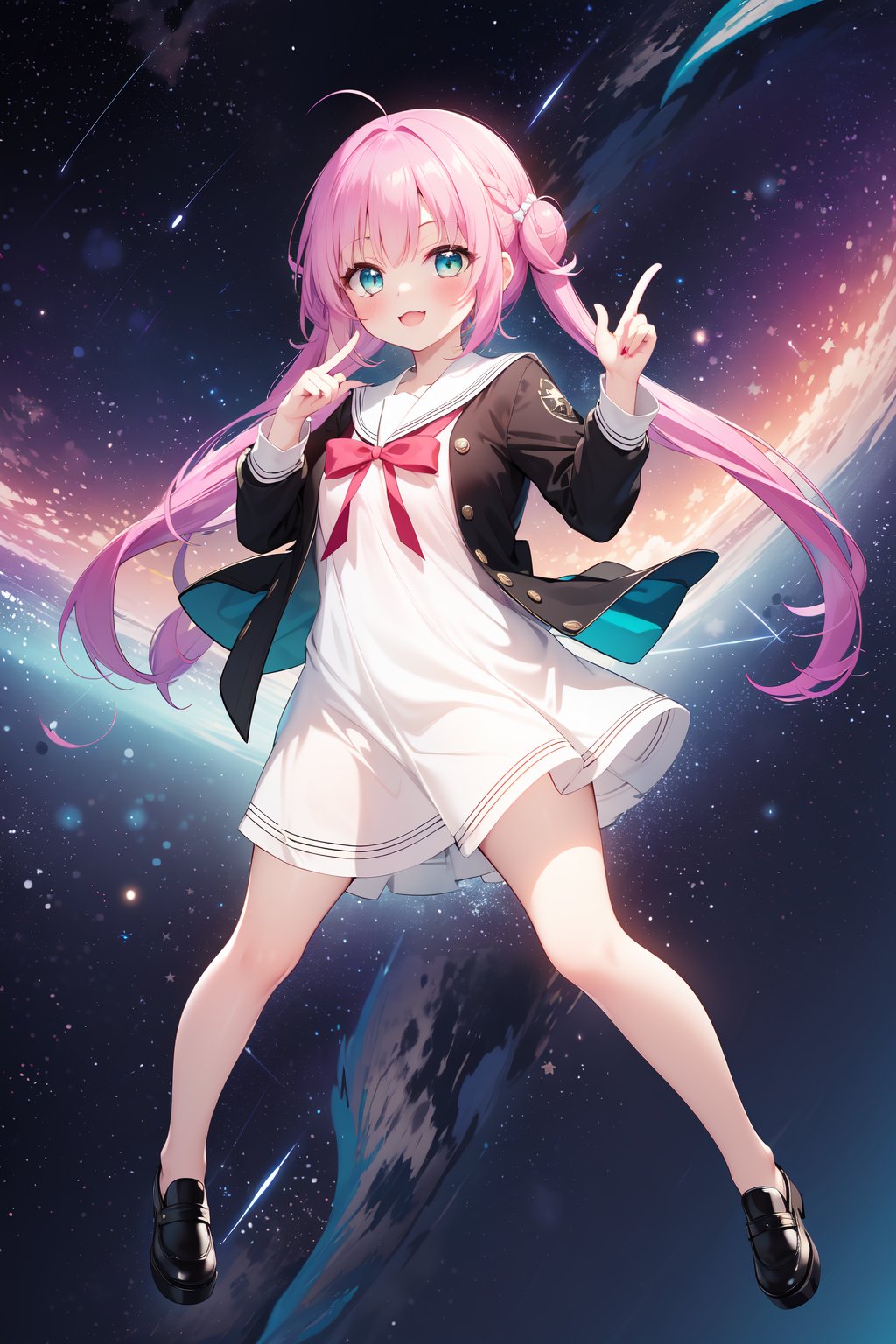 (masterpiece,  best quality),  ultra detailed,  1girl,  solo, Yu Akeuchi,  dynamic view,  smile,  finger on cheek,  very long hair,  low twintails,  school uniform,  white dress,  black jacket,  (((star_(symbol),  stars_(sky),  starry_background))),  pink hair,  red ribbon,  (full body,  aqua eyes,  galaxy,  floating,  :3, <lora:EMS-78161-EMS:0.600000>, , <lora:EMS-68274-EMS:1.500000>, , <lora:EMS-28547-EMS:0.200000>