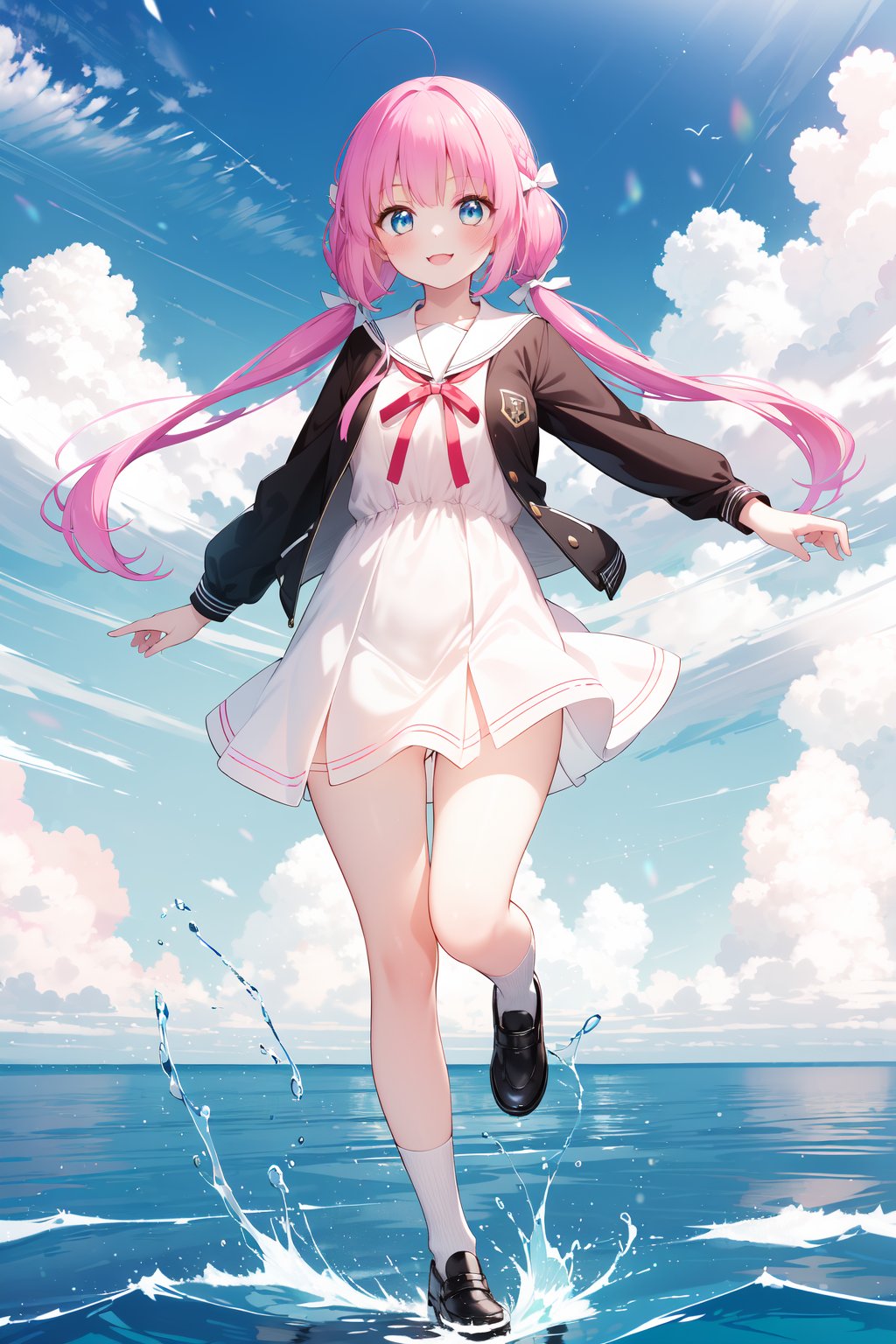 (masterpiece,  best quality),  ultra detailed,  1girl,  solo, Yu Akeuchi,  dynamic view,  smile,  :3,  very long hair,  low twintails,  school uniform,  white dress,  black jacket,  outdoors,  sky,  pink hair,  red ribbon,  full body,  blue eyes,  floating in the sky, <lora:EMS-78161-EMS:0.600000>, , <lora:EMS-68274-EMS:1.500000>, , <lora:EMS-28547-EMS:0.200000>