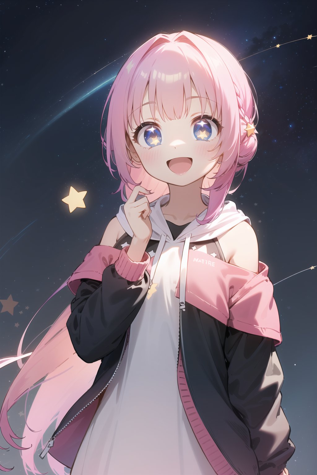 (masterpiece,  best quality),  ultra detailed,  1girl,  solo, Yu Akeuchi,  dynamic view,  smile,  :d,  very long hair,  school uniform,  white dress,  black crop jacket,  pink hoodie,  (off-shoulder hoodie:1.4),  1GIRL,  (((star_(symbol),  stars_(sky),  starry_background))), 1GIRL,  pink hair,  red ribbon, <lora:EMS-78161-EMS:0.600000>, , <lora:EMS-68274-EMS:1.500000>, , <lora:EMS-28547-EMS:0.400000>