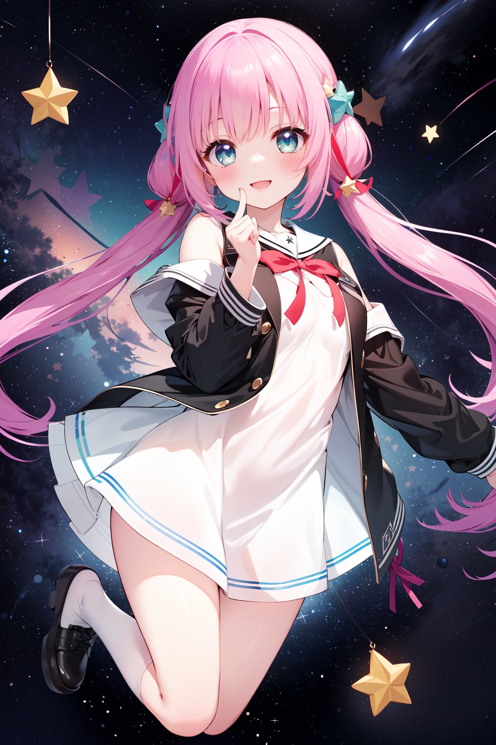 (masterpiece,  best quality),  ultra detailed,  1girl,  solo, Yu Akeuchi,  dynamic view,  smile,  finger on cheek,  very long hair,  low twintails,  school uniform,  white dress,  black jacket,  (((star_(symbol),  stars_(sky),  starry_background))),  pink hair,  red ribbon,  (full body,  aqua eyes,  galaxy,  floating, <lora:EMS-28547-EMS:0.200000>, , <lora:EMS-78161-EMS:0.600000>, , <lora:EMS-68274-EMS:1.500000>