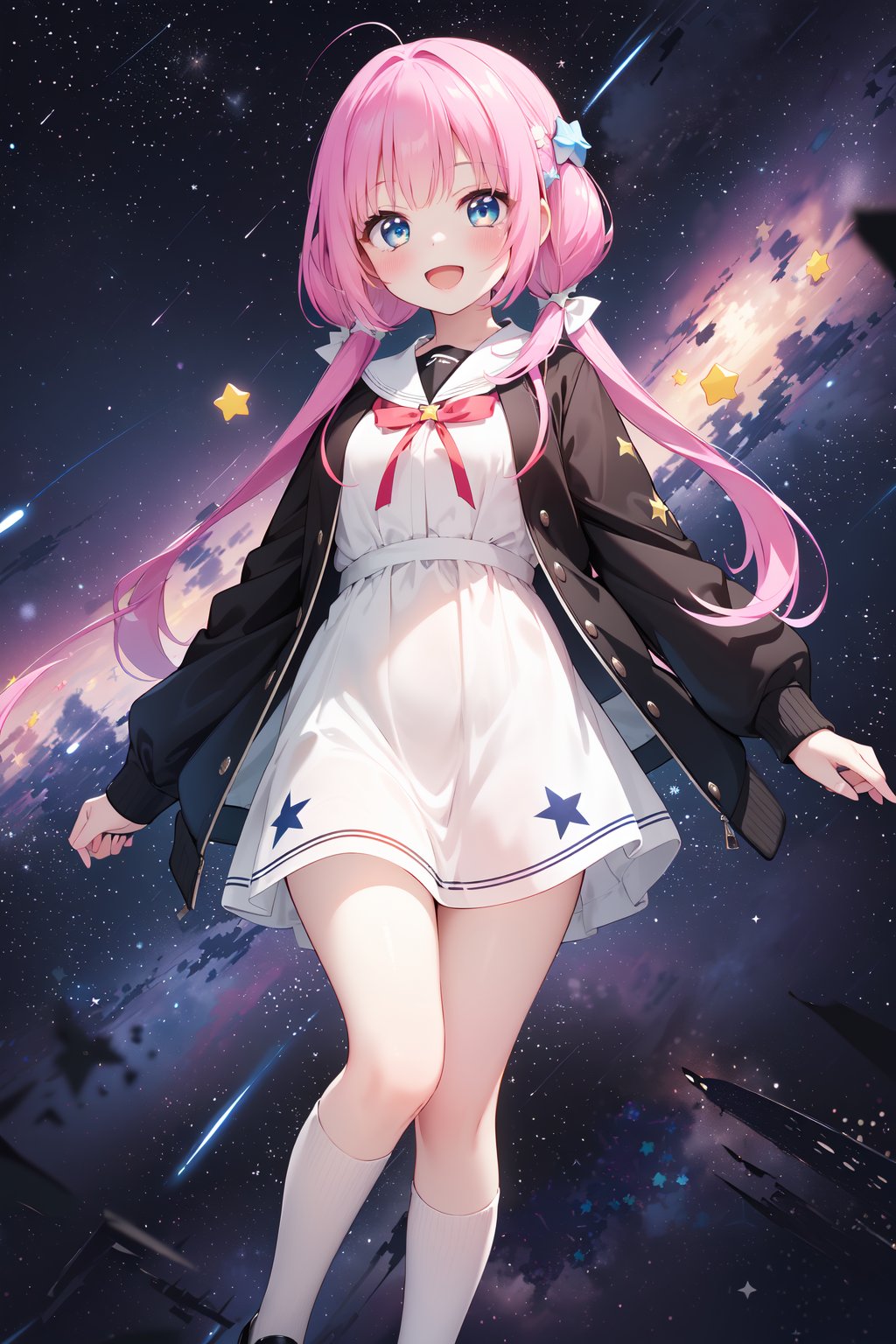 (masterpiece,  best quality),  ultra detailed,  1girl,  solo, Yu Akeuchi,  dynamic view,  smile,  :d,  very long hair,  low twintails,  school uniform,  white dress,  black jacket,  (croped jacket:1.3),  (((star_(symbol),  stars_(sky),  starry_background))),  pink hair,  red ribbon,  full body,  blue eyes, <lora:EMS-28547-EMS:0.200000>, , <lora:EMS-78161-EMS:0.600000>, , <lora:EMS-68274-EMS:1.500000>