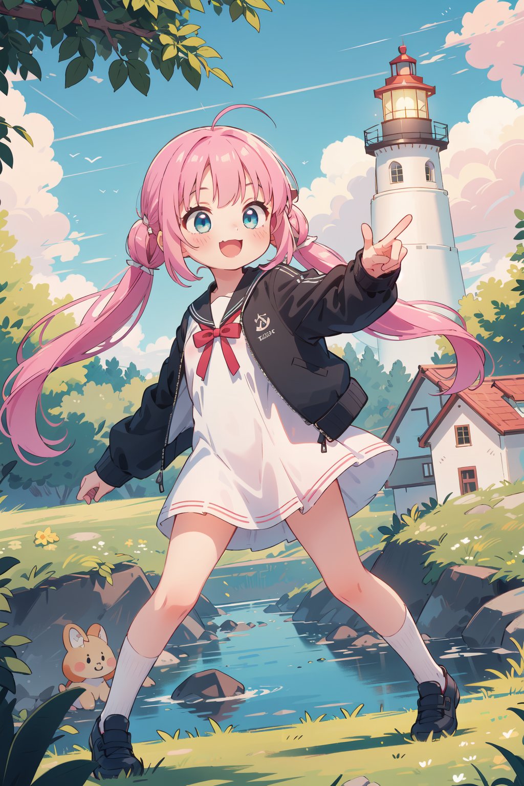 (masterpiece,  best quality),  ultra detailed,  1girl,  solo, Yu Akeuchi,  dynamic view,  smile,  :3,  very long hair,  low twintails,  school uniform,  white dress,  black jacket,  (crop jacket:1.3),  outdoors,  lighthouse,  pink hair,  red ribbon,  full body,  blue eyes,  surrounded by greens, <lora:EMS-78161-EMS:0.600000>, , <lora:EMS-68274-EMS:1.500000>, , <lora:EMS-28547-EMS:0.200000>