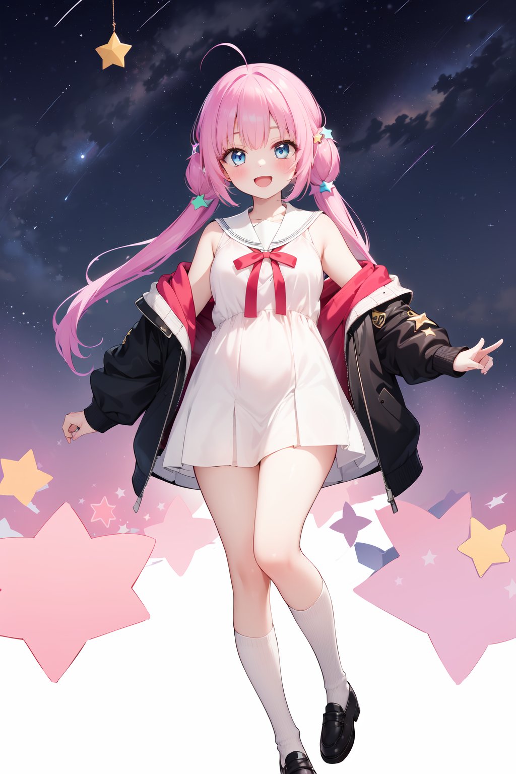 (masterpiece,  best quality),  ultra detailed,  1girl,  solo, Yu Akeuchi,  dynamic view,  smile,  :d,  very long hair,  low twintails,  school uniform,  white dress,  black croped jacket,  pink sweater,  off-shoulder sweater,  1GIRL,  (((star_(symbol),  stars_(sky),  starry_background))),  pink hair,  red ribbon,  full body,  blue eyes, <lora:EMS-78161-EMS:0.600000>, , <lora:EMS-68274-EMS:1.500000>, , <lora:EMS-28547-EMS:0.200000>