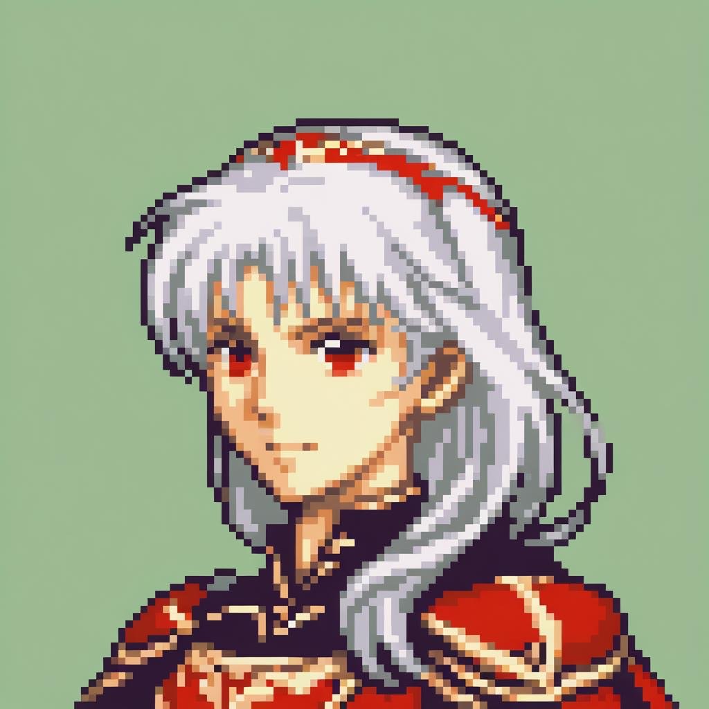 portrait of a fire emblem young princess with white hair and dark brown eyes who is a suddenly thrust into the position of the land's ruler due to the king's assassination, she wears a soft lonely expression and behind her is a simple green background, <lora:GBA Style SDXL v3:1>