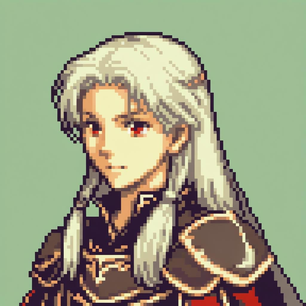 portrait of a fire emblem young princess with white hair and dark brown eyes who is a suddenly thrust into the position of the land's ruler due to the king's assassination, she wears a soft lonely expression and behind her is a simple green background, <lora:GBA Style SDXL v3:1>