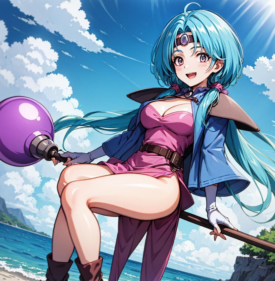 (best quality:1.1), (ultra-detailed:1.1), (beutiful illustration:1.1),girl sitting on staff and fly,flying magician girl,BREAK, 1girl, solo, <lora:puffyV1:0.6> , BREAK , puffy_pufricia,gloves, fingerless gloves, breasts, cleavage, skirt,large breasts,circlet, cape, headband,staff,jewelry, low twintails,belt,boots,very_long hair,BREAKhighres,  pov, fisheye, sky,ground, dynamic angle, sitting, closed legs, open mouth, smile, 