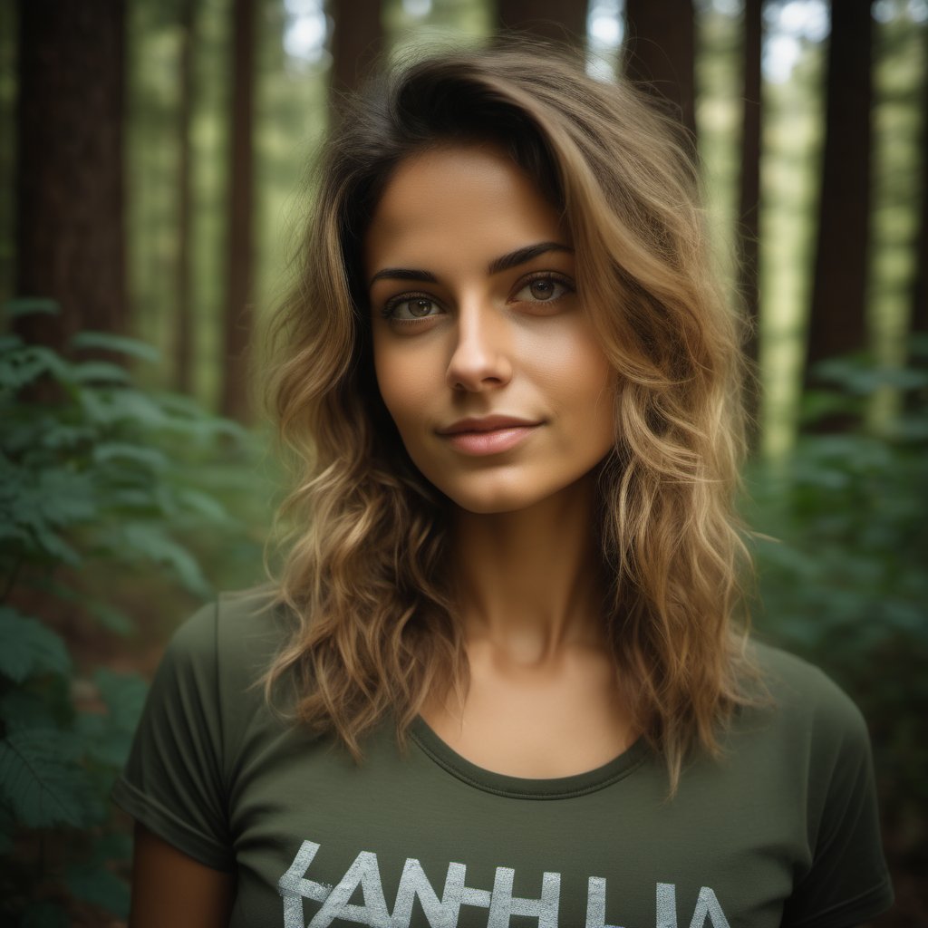 rebhanna, close up portrait, hot young woman in forest, wearing tshirt, <lora:rebhannap2:1>