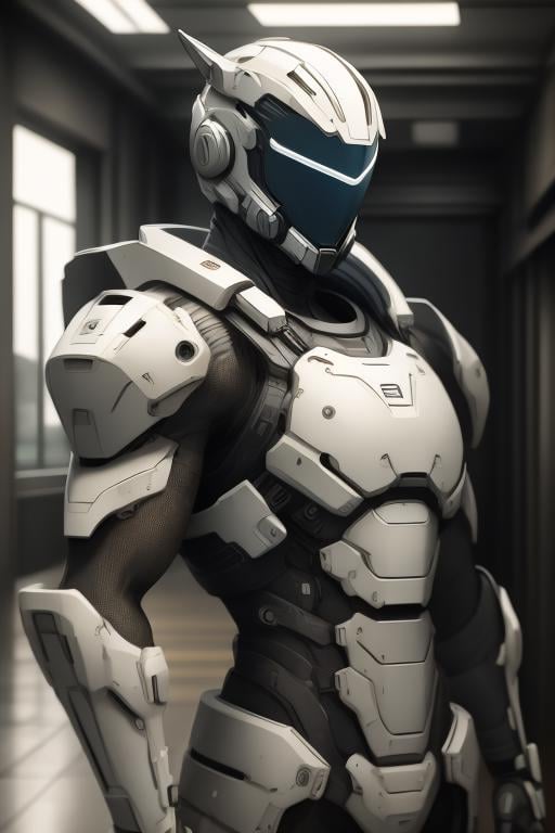 masterpiece, best quality,1boy,armorsuit,upper body, looking at viewer, no helmet, 