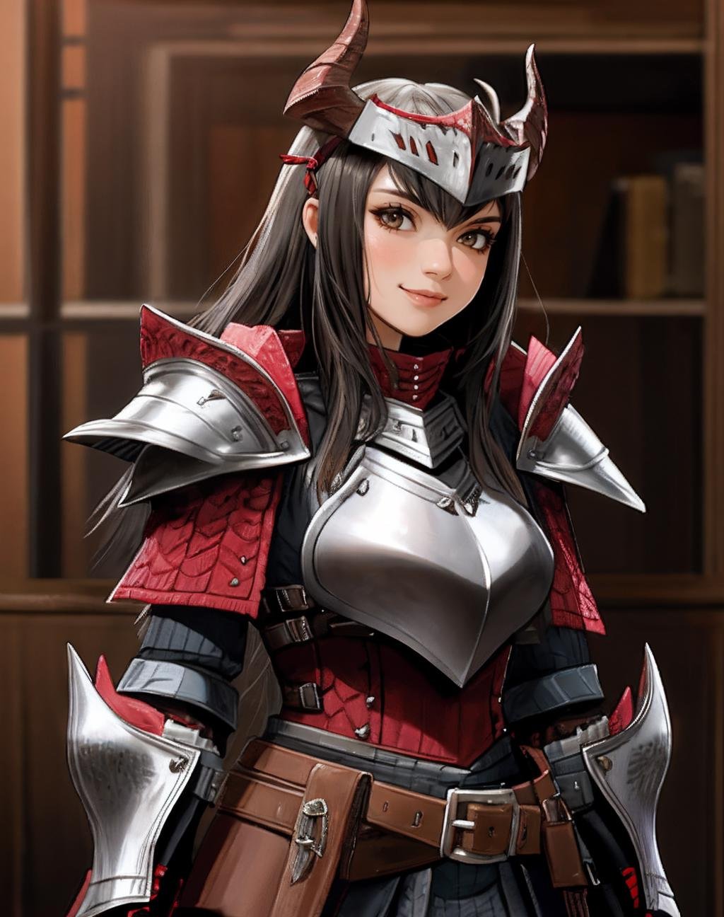 ((Masterpiece, best quality)),photography, detailed skin, realistic, photo-realistic, 8k, highly detailed, full length frame, High detail RAW color art, diffused soft lighting, shallow depth of field, sharp focus,smiling,dark haired woman,red edgRathArmor, solo, standing,  horns, belt, armor, blurry, 1girl, helmet, spikes, full armor, monster hunter (character) ,wearing edgRathArmor  <lora:Rathalos_Armorv2:0.8>