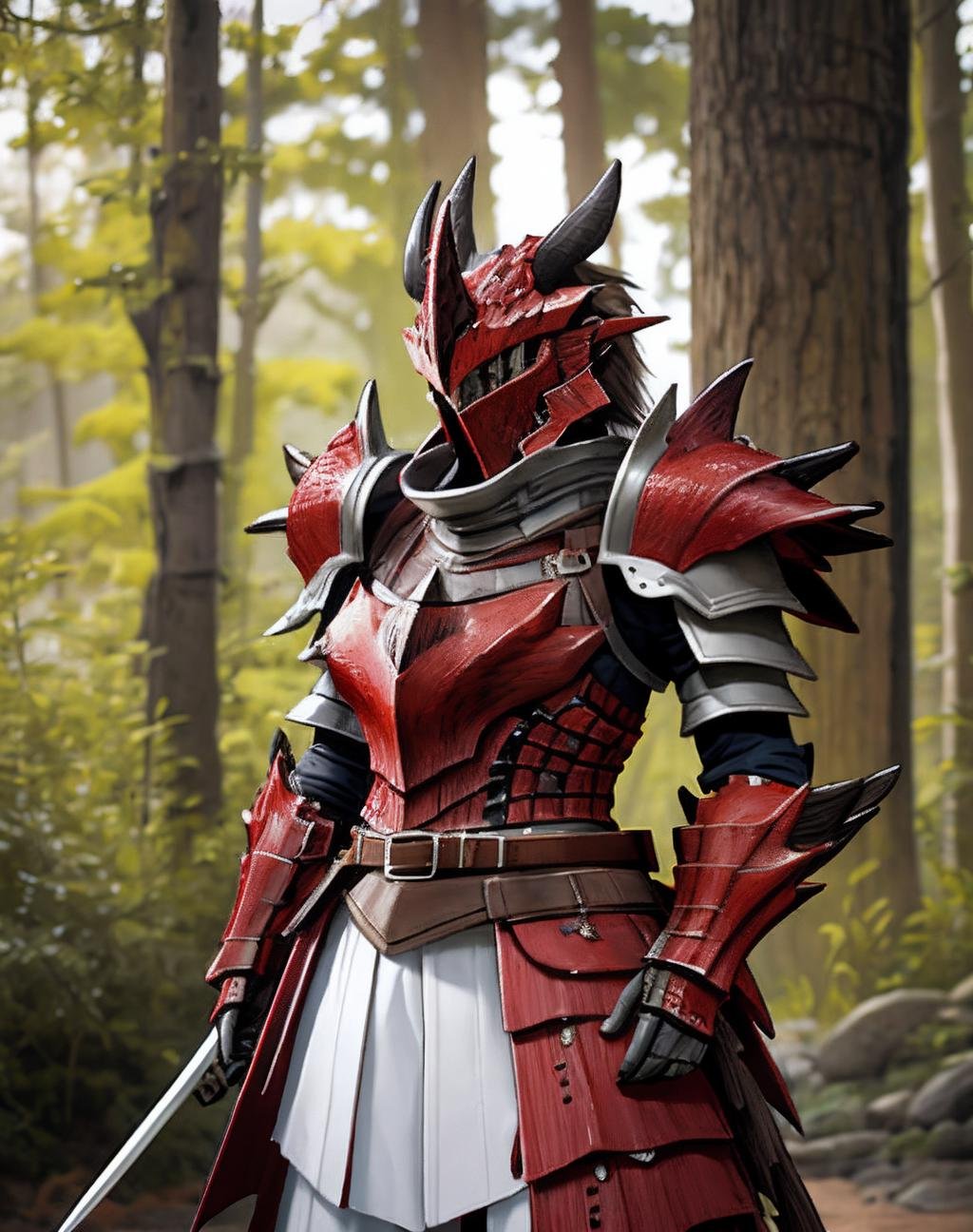 ((Masterpiece, best quality)),photography, detailed skin, realistic, photo-realistic, 8k, highly detailed, full length frame, High detail RAW color art, diffused soft lighting, shallow depth of field, sharp focus,red edgRathArmor, solo, standing, weapon, horns, belt, sword, armor, blurry, no humans, helmet, spikes, full armor, monster hunter (character) ,wearing edgRathArmor  <lora:Rathalos_Armorv2:1>