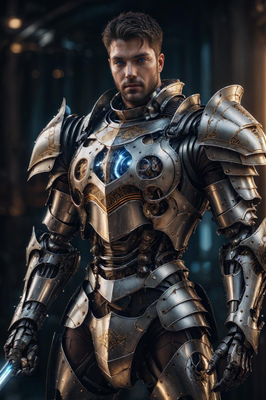 realistic, ((masterpiece)), ((best quality)), (detailed), cinematic, dynamic lighting, soft shadow, detailed background, professional photography, depth of field, intricate, detailed face, subsurface scattering, realistic hair, realistic eyes, muscular, manly, photo of a handsome man, mech4rmor, wearing mechanical knight armor, glowing, holding sword, beard,