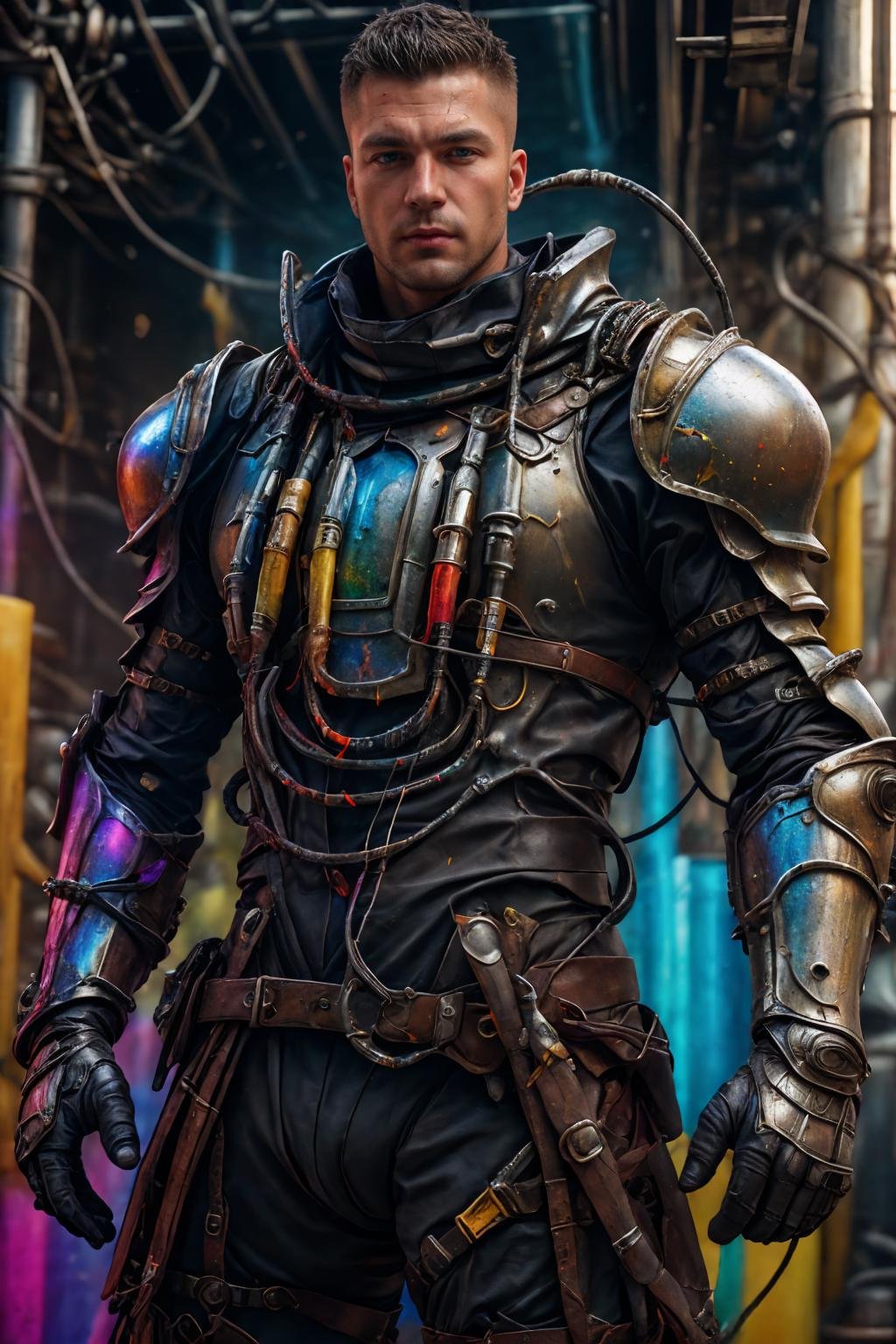 (realistic), (photorealistic), ((masterpiece)), ((best quality)), (detailed), cinematic, natural lighting, soft shadow, detailed background, photography, depth of field, intricate, detailed face, subsurface scattering, realistic eyes, muscular, manly, photo of a handsome man, chem4rmor, wearing chempunk knight armor, tubes, cables, wires, colorful liquid, colorful armor, splatter, canister, (holding sword),